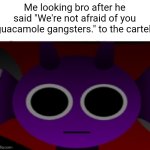 We're cooked | Me looking bro after he said "We're not afraid of you guacamole gangsters." to the cartel. | image tagged in durple stare at you without text | made w/ Imgflip meme maker