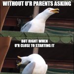 Fr tho | HOW IT FEELS; WHEN U DO CHORES WITHOUT U'R PARENTS ASKING; BUT RIGHT WHEN U'R CLOSE TO STARTING IT; THEY ASK YOU TO DO CHORES | image tagged in memes,inhaling seagull | made w/ Imgflip meme maker