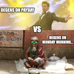 Payday vs rest of the week | DEGENS ON PAYDAY; VS; DEGENS ON MONDAY MORNING... | image tagged in payday vs rest of the week | made w/ Imgflip meme maker