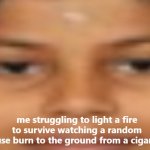 bruh | me struggling to light a fire to survive watching a random house burn to the ground from a cigarette | image tagged in me when i,bruh | made w/ Imgflip meme maker