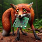 fox holding a pcb and scared