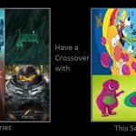 What if Amphibia, Monsterverse, Pacific Rim, The Simpsons, and Barney have a big crossover? | image tagged in what if this series had a crossover with that series,amphibia,the simpsons,godzilla,pacific rim,barney the dinosaur | made w/ Imgflip meme maker