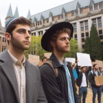 two male college students wearing yarmulkes watch a protest on c