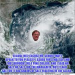 Hurricane Milton | EXCUSE ME? EXCUSE ME, SENOR? MAY I SPEAK TO YOU PLEASE? I ASKED FOR A MAI TAI, AND THEY BROUGHT ME A PINA COLADA, AND I SAID NO SALT, NO SALT FOR THE MARGARITA, BUT IT HAD SALT ON IT, BIG GRAINS OF SALT, FLOATING IN THE GLASS... | image tagged in milton | made w/ Imgflip meme maker