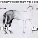 Fantasy Fail | If my Fantasy Football team was a drawing:; THURSDAY; MONDAY; PROJECTED; ACTUAL | image tagged in horse drawing,fantasy football,football | made w/ Imgflip meme maker