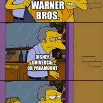 Moe throws Barney | WARNER BROS. DISNEY, UNIVERSAL OR PARAMOUNT; THE MINECRAFT MOVIE | image tagged in moe throws barney | made w/ Imgflip meme maker