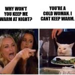 Silly Cat | YOU'RE A COLD WOMAN. I CANT KEEP WARM. WHY WON'T YOU KEEP ME WARM AT NIGHT? | image tagged in woman argues with cat | made w/ Imgflip meme maker