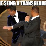 this is just a joke it isnt true | ME SEING A TRANSGENDER | image tagged in will smith punching chris rock | made w/ Imgflip meme maker