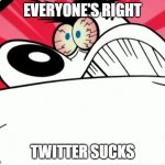 furious dingus hates twitter | EVERYONE'S RIGHT; TWITTER SUCKS | image tagged in furious dingus,memes | made w/ Imgflip meme maker