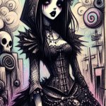 goth girl,surreal,lowbrow very crooked,irregular,clumsy drawing