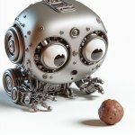 wide eyed robot staring at a small, brown pebble nervously