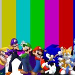 Wario and Friends dancing in the colored bar background | image tagged in color bars,wario,waluigi,super mario,sonic the hedgehog,megaman | made w/ Imgflip meme maker