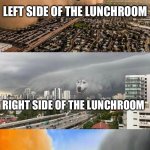 Pov: You called food fight | LEFT SIDE OF THE LUNCHROOM; RIGHT SIDE OF THE LUNCHROOM; ME WHO CALLED FOOD FIGHT | image tagged in dog cloud fight stuck in middle,food fight,school,memes,comedy | made w/ Imgflip meme maker