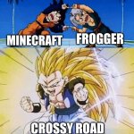 Remember that Game? | FROGGER; MINECRAFT; CROSSY ROAD | image tagged in dbz fusion,crossover,minecraft,nostalgia | made w/ Imgflip meme maker