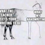 Horse Drawing | WHAT THE TEACHER EXPECTS YOUR HANDWRITING TO BE; WHAT MY HANDWRITING IS | image tagged in horse drawing | made w/ Imgflip meme maker