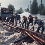 young men constructing a bridge with logs