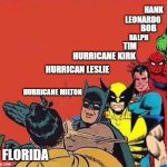 Batman Slapping Robin with Superheroes Lined Up | HANK; LEONARDO; BOB; RALPH; TIM; HURRICANE KIRK; HURRICAN LESLIE; HURRICANE MILTON; FLORIDA | image tagged in batman slapping robin with superheroes lined up | made w/ Imgflip meme maker