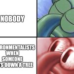 sleeping Squidward | NOBODY; ENVIRONMENTALISTS WHEN SOMEONE CUTS DOWN A TREE | image tagged in sleeping squidward | made w/ Imgflip meme maker