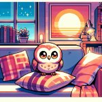 Cute little owl sitting on my couch and watching the sunset template