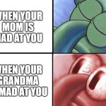 You've done it this time | WHEN YOUR MOM IS MAD AT YOU; WHEN YOUR GRANDMA IS MAD AT YOU | image tagged in sleeping squidward,squidward,i sleep real shit,grandma,spongebob,mom | made w/ Imgflip meme maker