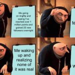 true story | Me going on imgflip and seeing I’ve reached over 1 million points and gained 20 new followers overnight; Me telling my sisters; Me waking up and realizing none of it was real; None of it was real | image tagged in memes,gru's plan,just a dream,so sad | made w/ Imgflip meme maker