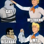 TRUUUUEEEE | GAY; MY FRIEND; MY FRIEND; BISEXUAL | image tagged in scooby doo mask reveal,gay pride,bisexual | made w/ Imgflip meme maker