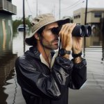 man with binoculars in floodwaters