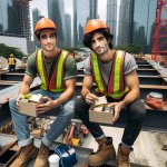 young adult males taking a lunch break at a construction site