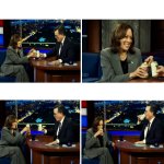 Kamala drinks beer on Stephen Colbert show meme