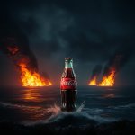 Coca-Cola bottle looking at the stormy sea