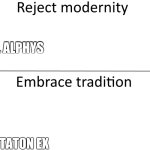 Reject modernity, Embrace tradition | DR. ALPHYS; METTATON EX | image tagged in reject modernity embrace tradition | made w/ Imgflip meme maker