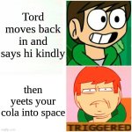 edd happy/triggered | Tord moves back in and says hi kindly; then yeets your cola into space | image tagged in edd happy/triggered | made w/ Imgflip meme maker