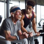 Old man at the gym next to an younger better looking man