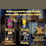 Barney the Dinosaur transformation into Wererabbit | image tagged in wallace transformation into wererabbit scene cast meme,wallace and gromit,barney the dinosaur,the simpsons,amphibia | made w/ Imgflip meme maker