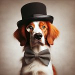 An orange and white Brittany wearing a top hat, bow tie, and mon