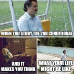 Sad Pablo Escobar | WHEN YOU STUDY THE 2ND CONDITIONAL; AND IT MAKES YOU THINK; WHAT YOUR LIFE MIGHT BE LIKE | image tagged in memes,sad pablo escobar | made w/ Imgflip meme maker