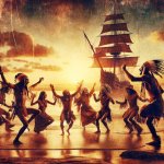 American Indian tribe dancing on seashore with Spanish galleon