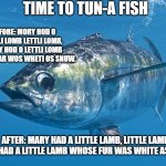 Tuna fish | TIME TO TUN-A FISH; BEFORE: MORY HOD O LETTLI LOMB LETTLI LOMB, MORY HOD O LETTLI LOMB WHUSE FAR WOS WHETI OS SNUW. AFTER: MARY HAD A LITTLE LAMB, LITTLE LAMB MARY HAD A LITTLE LAMB WHOSE FUR WAS WHITE AS SNOW. | image tagged in tuna fish,instruments,little,lamb,fish,tuna | made w/ Imgflip meme maker