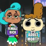 Vicky & Hugo | FEMALE RICK; ADULT MORTY | image tagged in a-morty-can gothic,rick and morty,american gothic,cupcake and dino,alternate reality | made w/ Imgflip meme maker