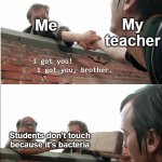 I didn't try to touch my students | My teacher; Me; Students don't touch because it's bacteria | image tagged in i got you brother,memes,funny | made w/ Imgflip meme maker