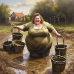 Fat Woman with lot of Buckets