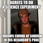 I wouldn't go back in there. | AGREES TO DO A SCIENCE EXPERIMENT; THROWS CHUNK OF SODIUM IN HIS NEIGHBOR'S POOL | image tagged in memes,scumbag steve,science,chemistry | made w/ Imgflip meme maker