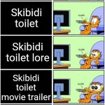 Garfield's guilty pleasure | YouTube; Skibidi toilet; Skibidi toilet lore; Skibidi toilet movie trailer; How to clear your search history | image tagged in garfield reaction | made w/ Imgflip meme maker