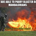 Who's up for Jedi BBQ? | JEDI: *ARE ABLE TO PARRY BLASTER BOLTS*
MANDALORIANS:; Parry this you filthy wizard | image tagged in flamethrower,star wars,funny,memes,mandalorian,jedi | made w/ Imgflip meme maker