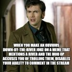 Welp, so much for reaching out... shame that; I was usually the only person to upvote their memes. | WHEN YOU MAKE AN OBVIOUS DOWN-BY-THE-RIVER JOKE ON A MEME THAT MENTIONS A RIVER AND THE MOD OP ACCUSES YOU OF TROLLING THEM, DISABLES YOUR ABILITY TO COMMENT IN THE STREAM | image tagged in doctor who is confused | made w/ Imgflip meme maker