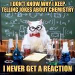 The Wrong Chemistry | I DON'T KNOW WHY I KEEP TELLING JOKES ABOUT CHEMISTRY; I NEVER GET A REACTION | image tagged in memes,chemistry cat,picturepunches,professor cat | made w/ Imgflip meme maker