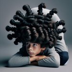 romanian boy with high curly black hair sitting in a wierd pose