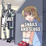 Anime Girl Hiding from Terminator | SALT; SNAILS AND SLUGS | image tagged in anime girl hiding from terminator | made w/ Imgflip meme maker