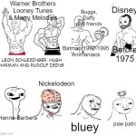 'Toons then and 'Toons now | Warner Brothers Looney Tunes & Merry Melodies; Disney; Buggs, Daffy and friends; Batman 1992-1995
Animaniacs; Before 1975; LEON SCHLESINGER, HUGH HARMAN AND RUDOLF ISING; Nickelodeon; Hanna-Barbera; paw patrol; bluey | image tagged in x in the past vs x now | made w/ Imgflip meme maker