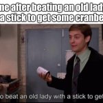 funny | me after beating an old lady with a stick to get some cranberries | image tagged in toby maguire i had to beat an old lady with a stick to get these | made w/ Imgflip meme maker